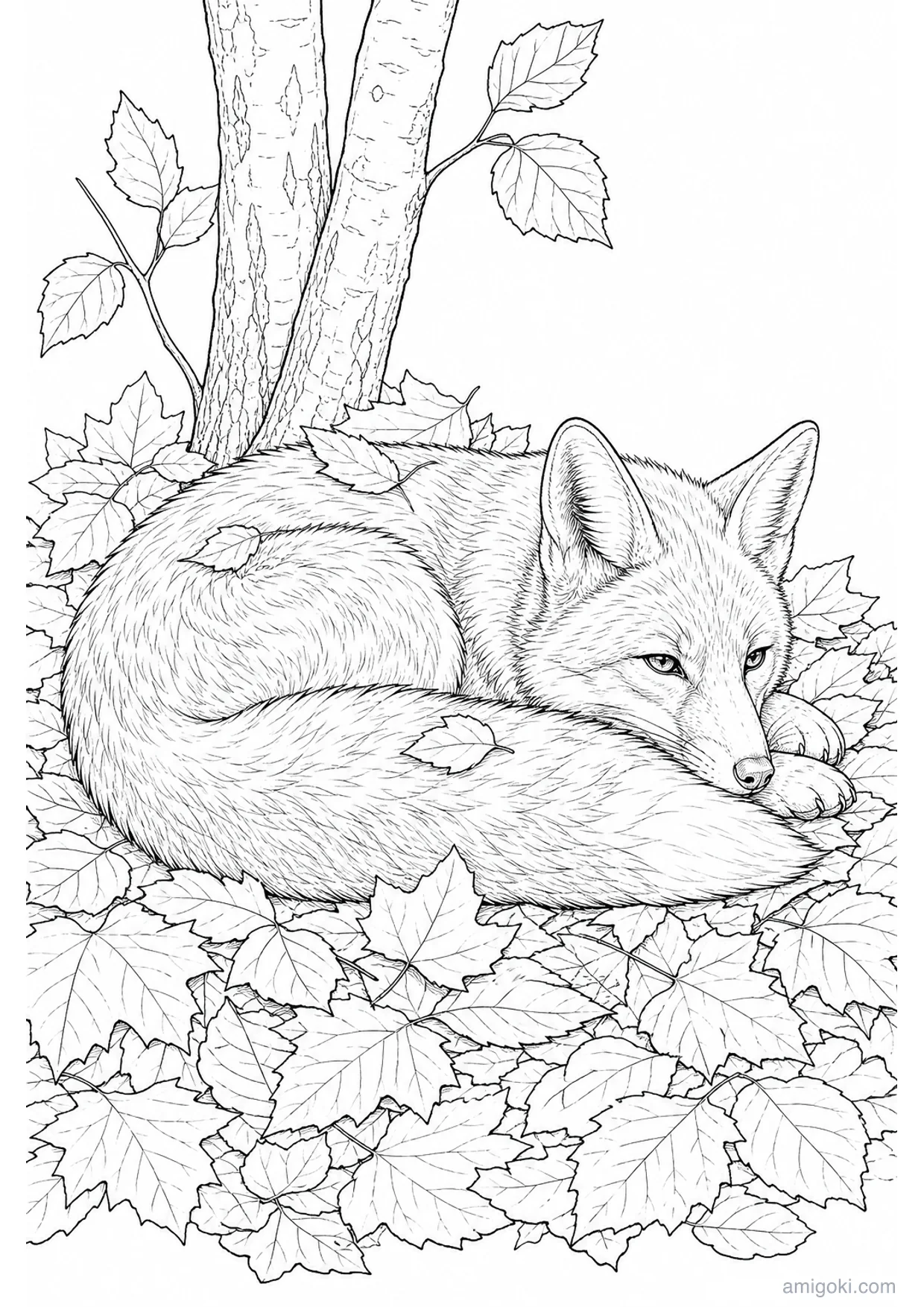 Fox in Autumn Forest Coloring Page to Print Free