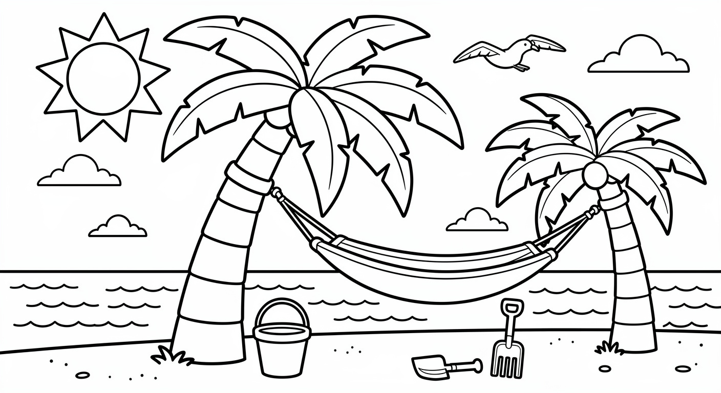 Palm tree beach coloring page for kids, free printable drawing for toddlers
