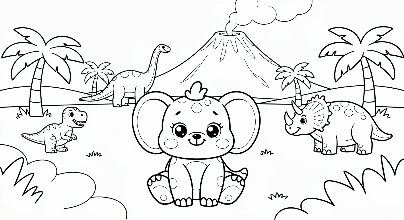 Free Jurassic panorama coloring page printable PDF for toddlers and preschoolers with dinosaurs