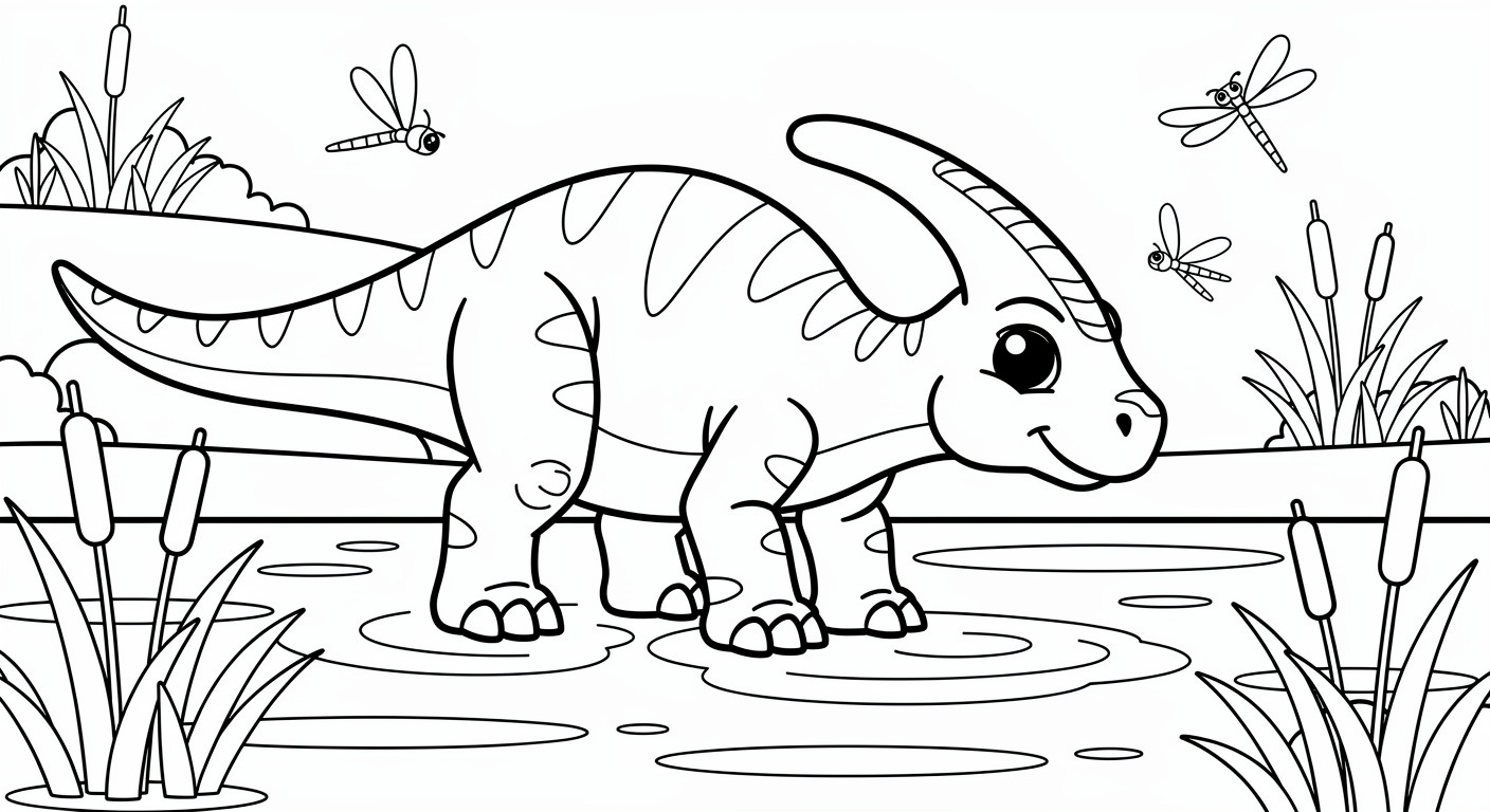 Parasaurolofus swamp coloring page for kids, free printable dinosaur drawing