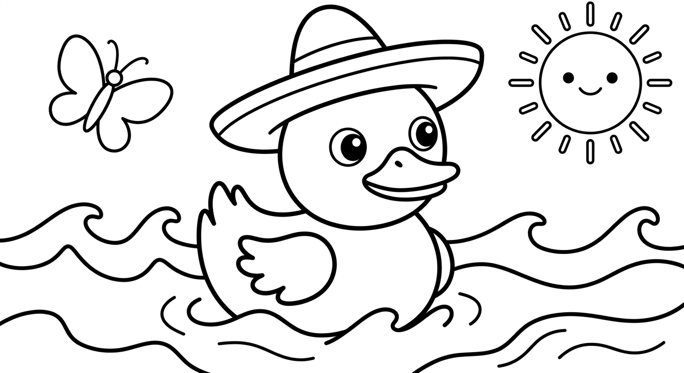 Desenho de pato com chapéu para colorir grátis, página imprimível em PDF para crianças de 2 a 5 anos