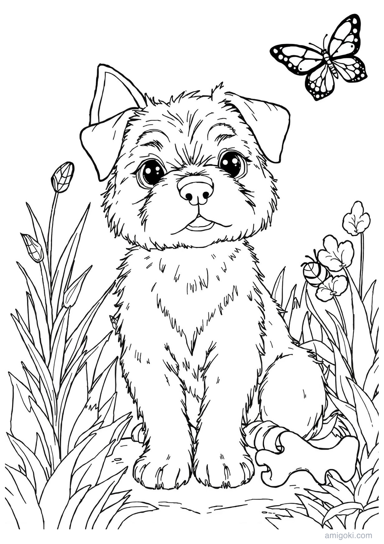 Free printable dog coloring page for kids ages 5-8, PDF drawing to color
