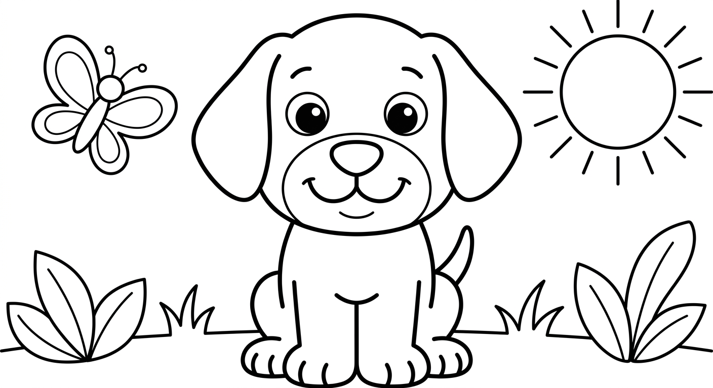 Dibujo de perro caricatura para colorear gratis, imprimible para niños de 2 a 5 años