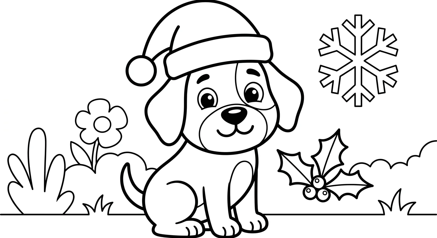 Dibujo de Perro con gorro de navidad para Colorear para Niños de 2 a 5 Años