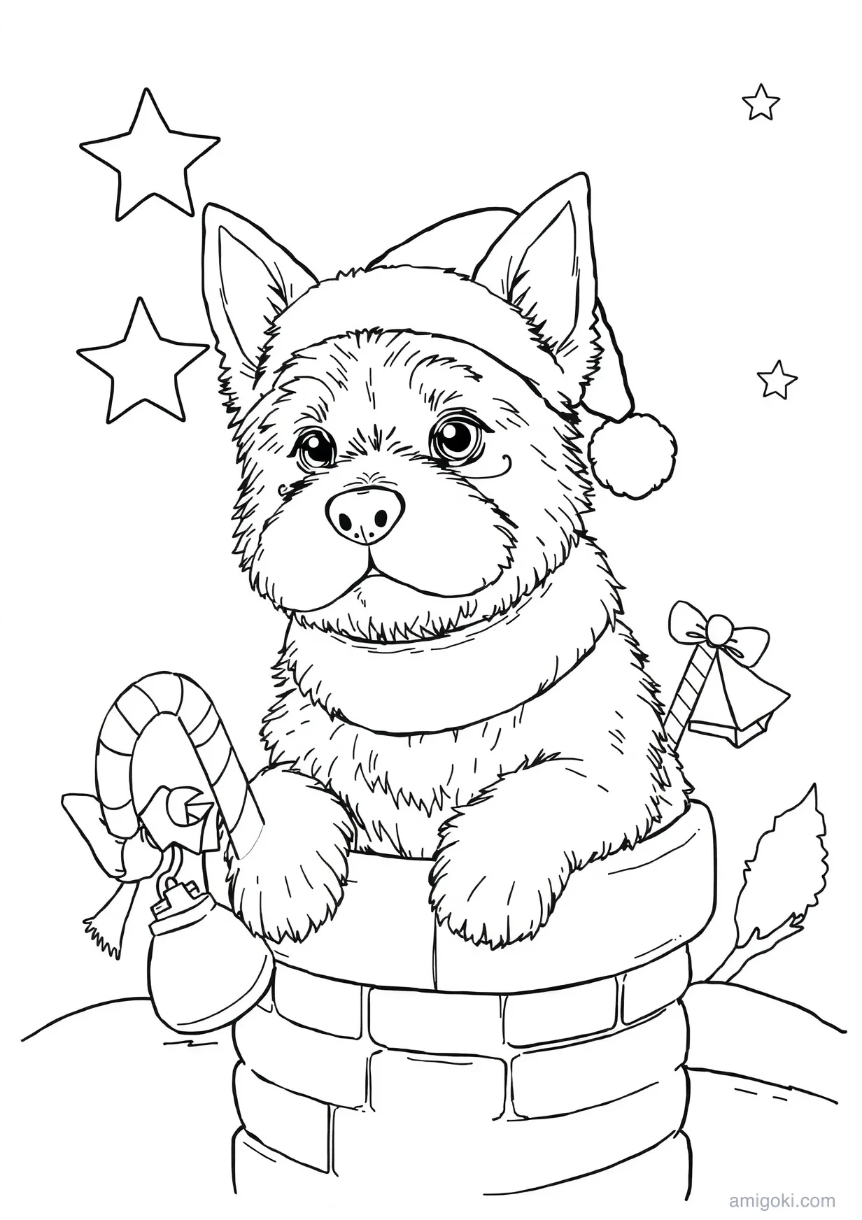 Christmas Dog with Santa Hat Coloring Page for Ages 6+