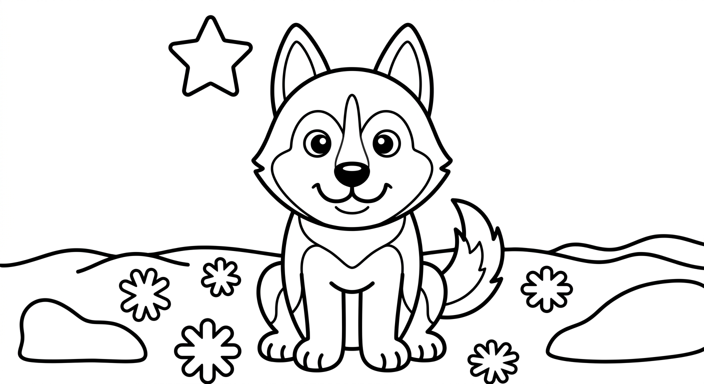 Dibujo de perro husky para colorear gratis, imprimible en PDF para niños de 2 a 5 años
