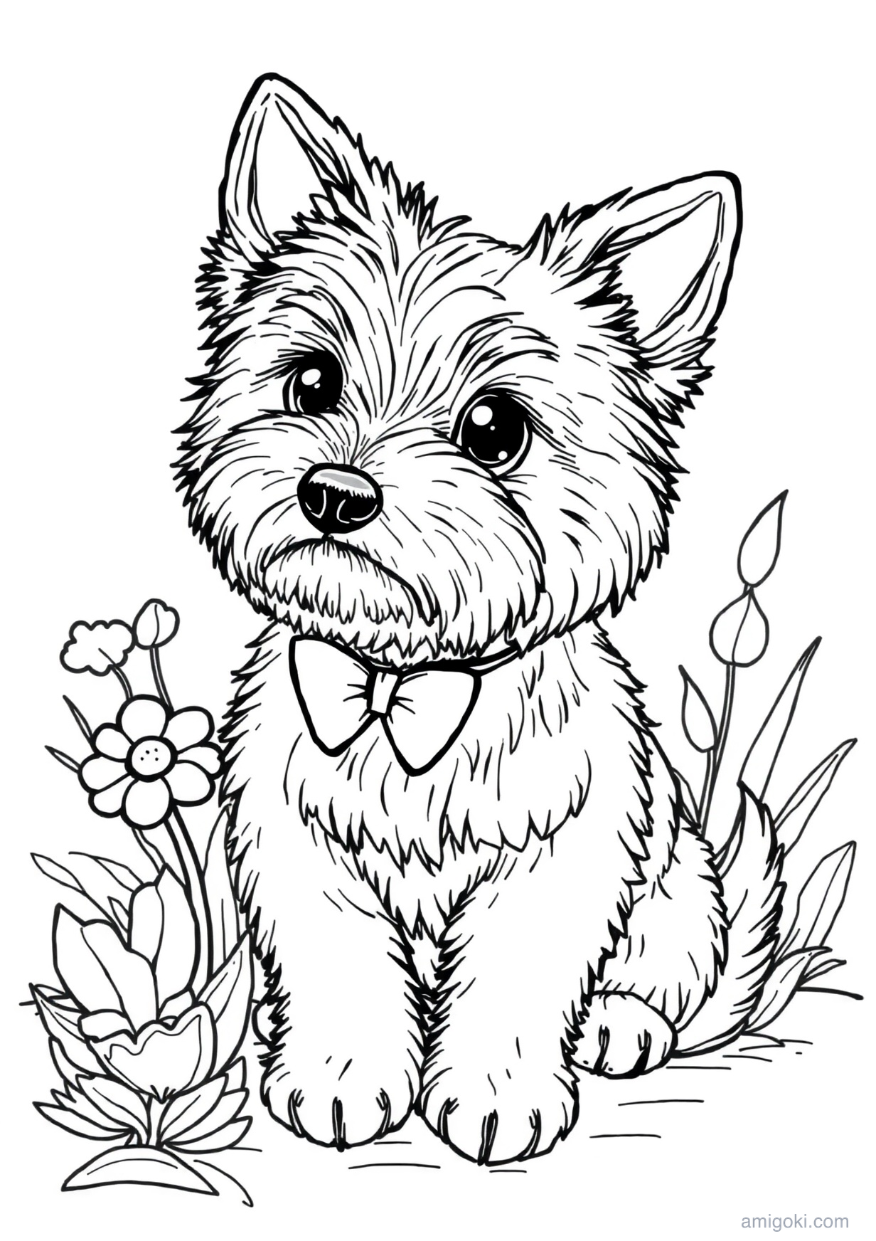 Cute kawaii dog coloring page printable for kids ages 5-8, free PDF drawing activity