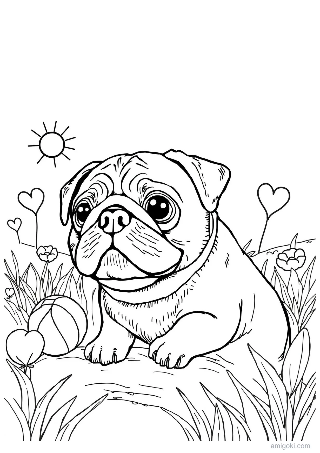 Detailed Pug Dog Coloring Page for Kids 6 and Up