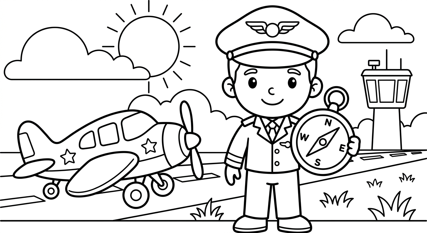 Airplane pilot coloring page for kids, free printable drawing for toddlers