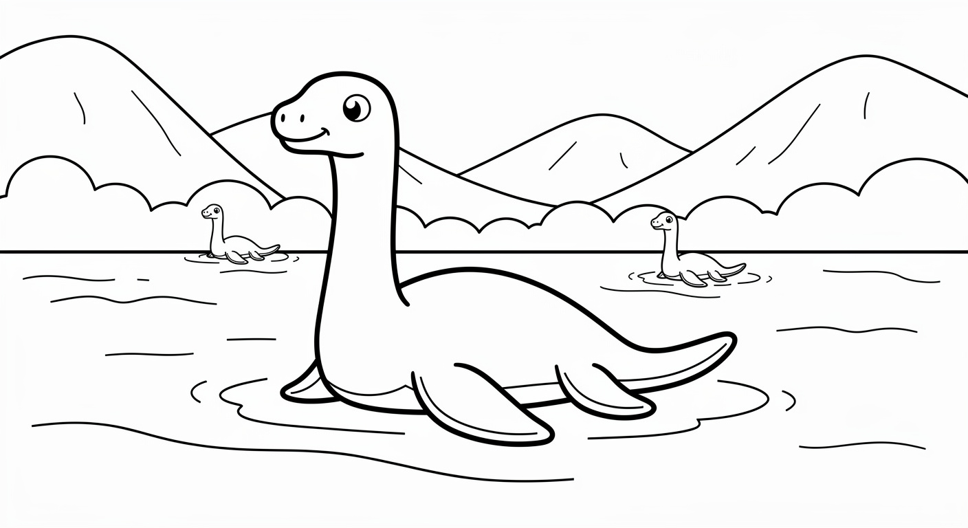 Plesiosaur coloring page with lake scene, free printable dinosaur drawing for toddlers