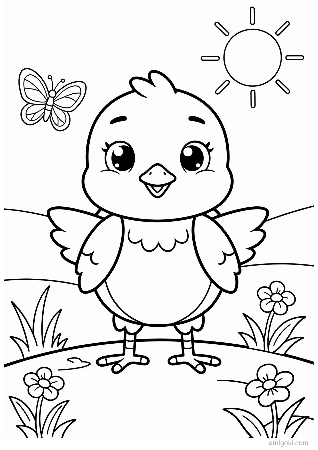 Cute Kawaii Chick Coloring Page for Kids 6+