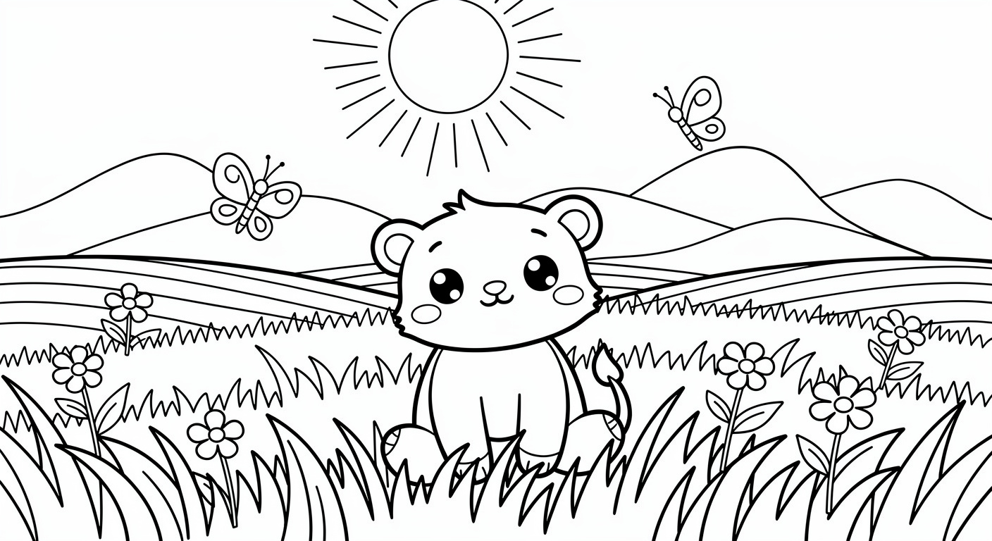 Meadow coloring page for kids with flowers and grass, free printable drawing for toddlers