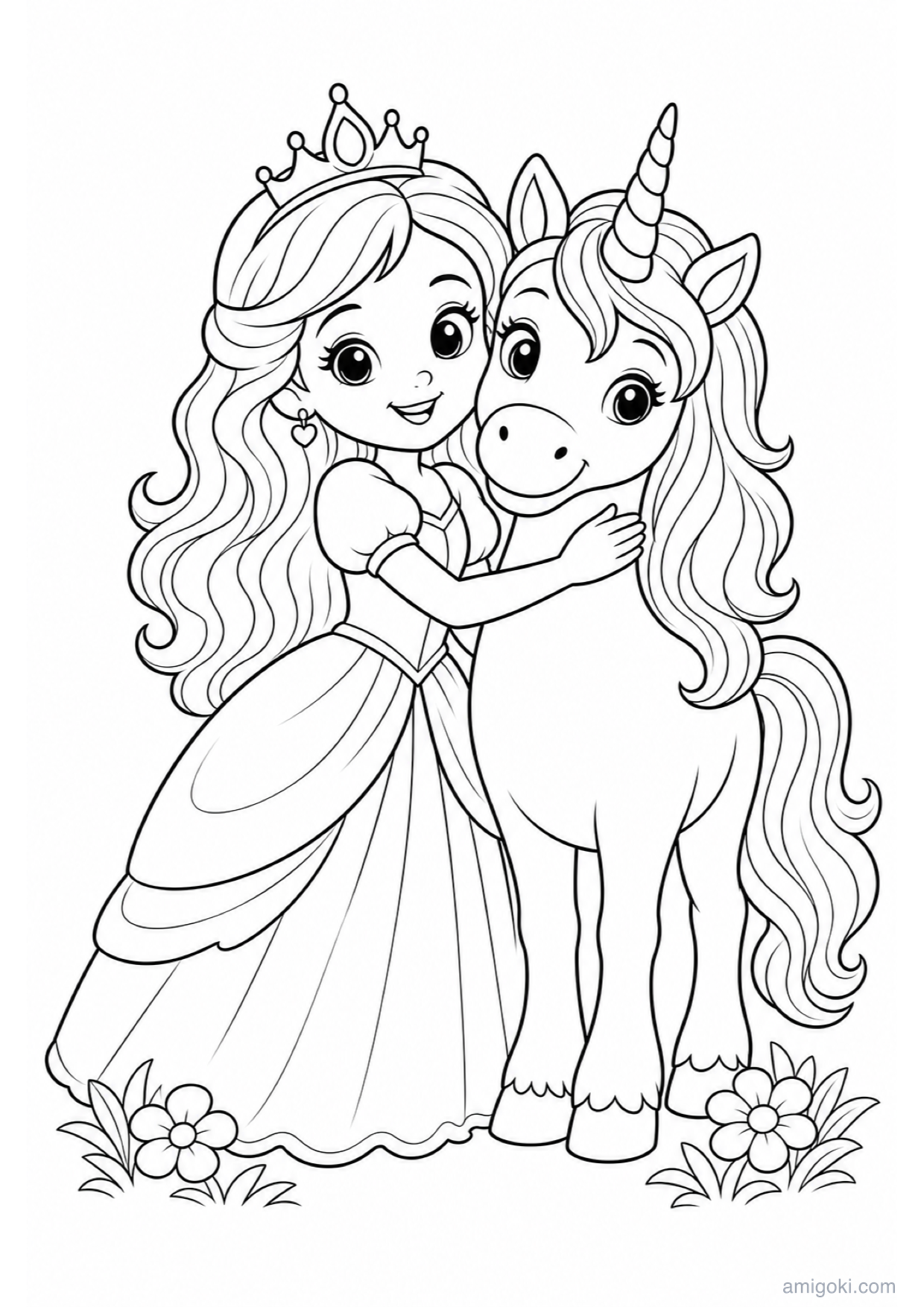 Princess with Unicorn Coloring Page to Print Free