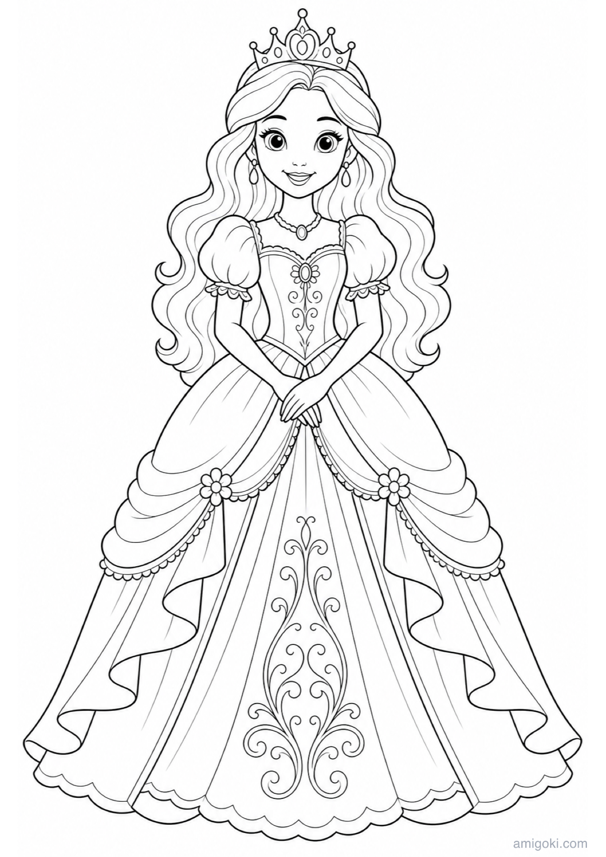 Princess Long Dress Coloring Page to Print Free