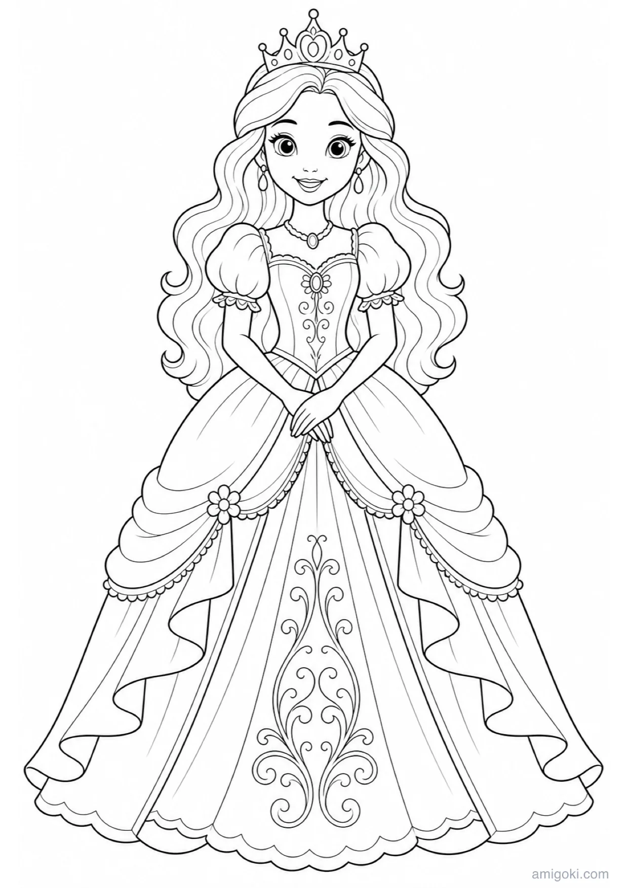 Princess Long Dress Coloring Page to Print Free