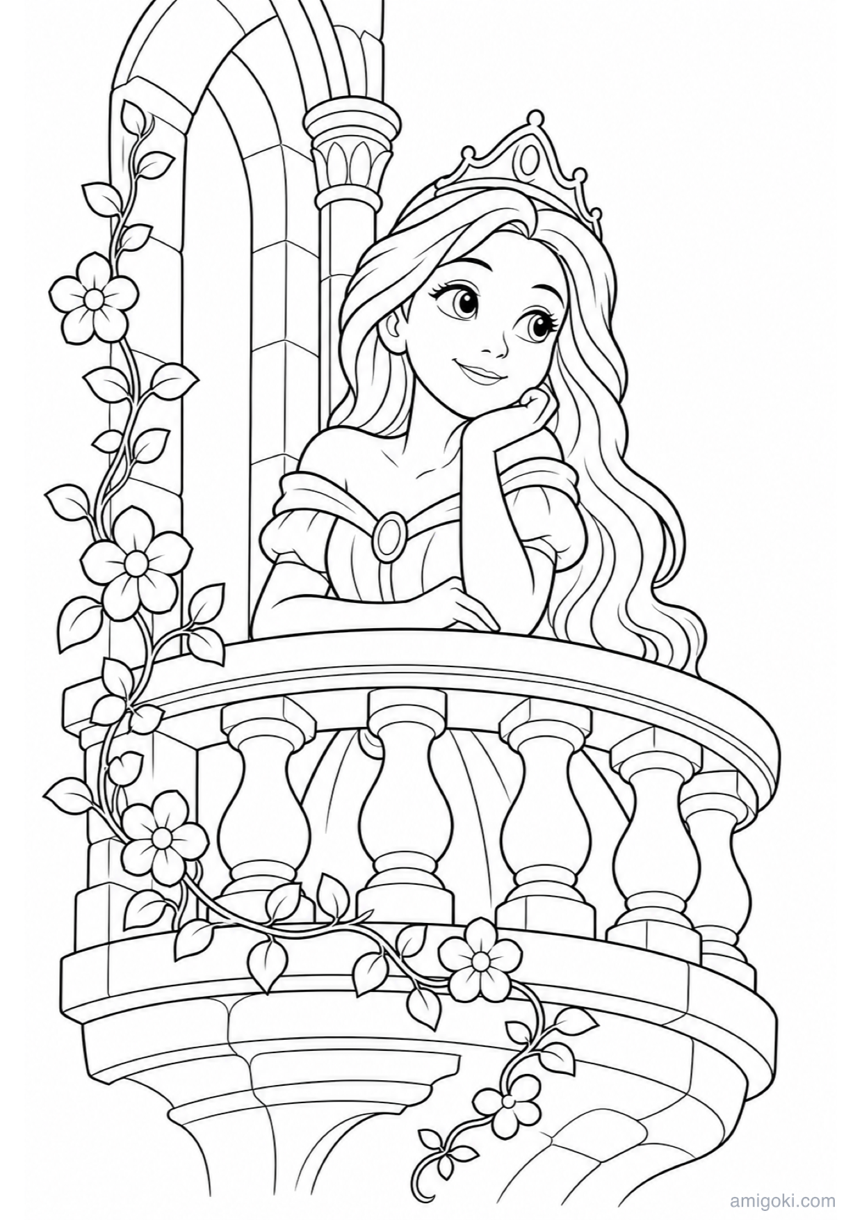 Princess on the Balcony Coloring Page to Print Free