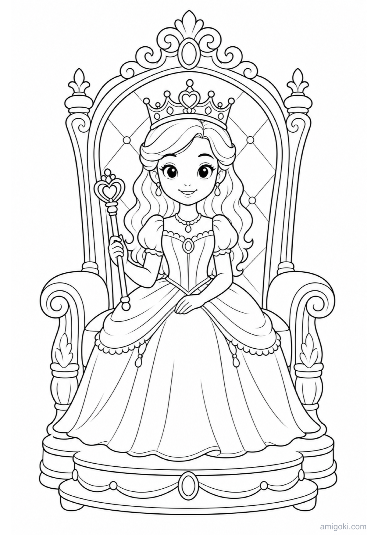 Princess on the Throne Coloring Page to Print Free