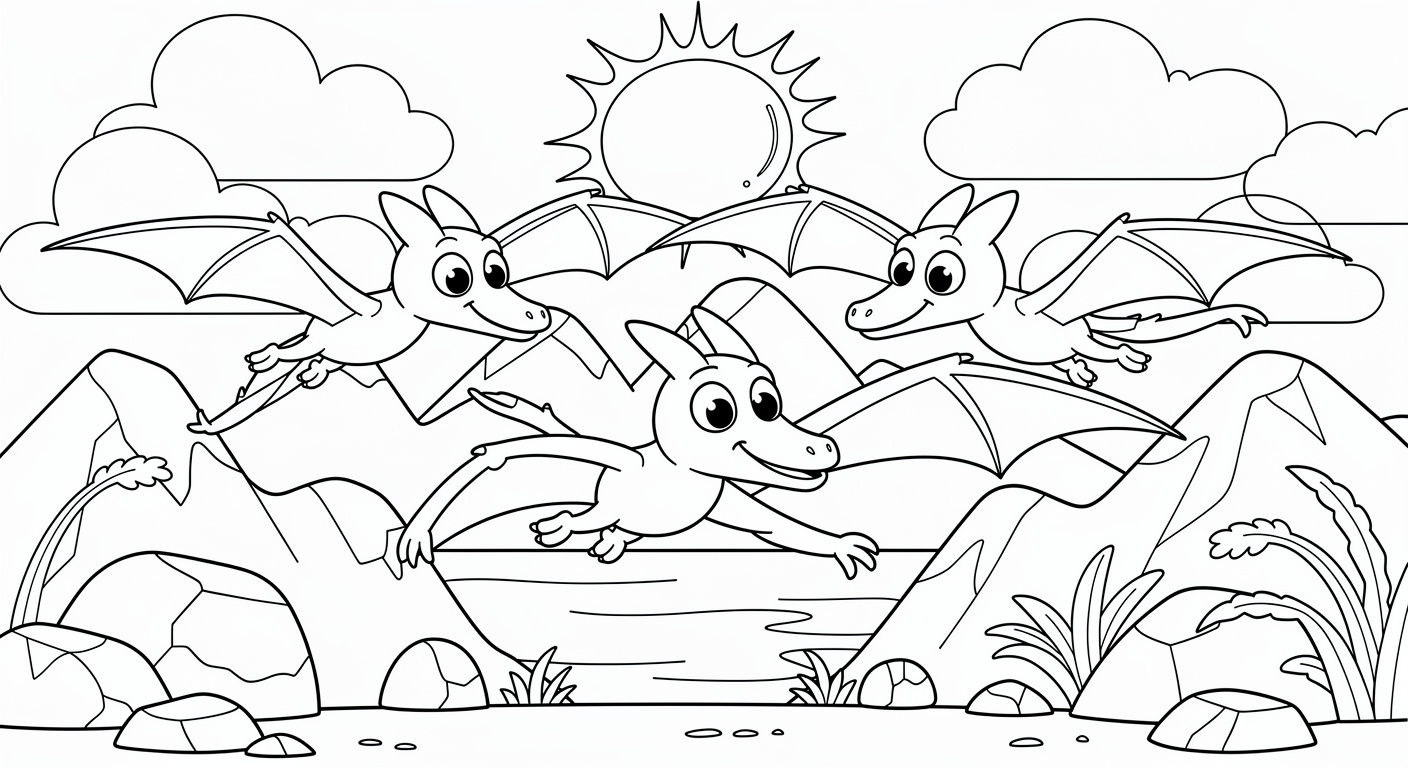 Pterodactyls flying coloring page for kids, free printable dinosaur drawing for toddlers