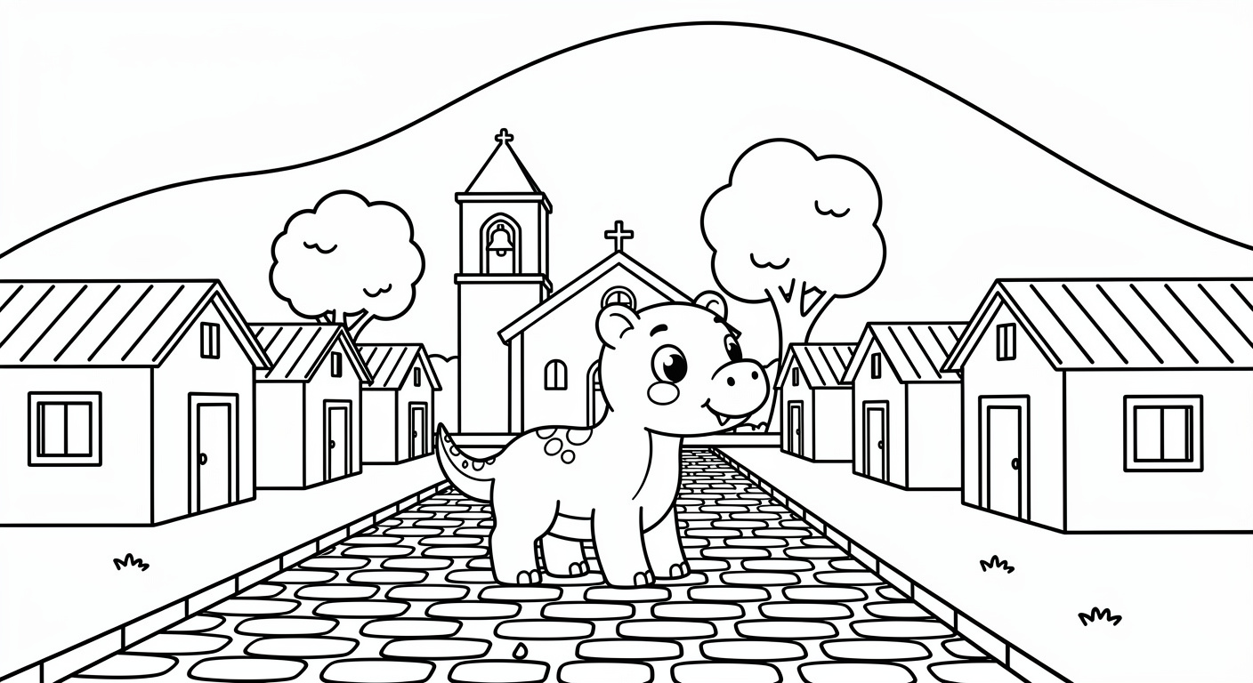 Coloriage gratuit de village à imprimer pour enfants, dessin simple avec maisons et paysage