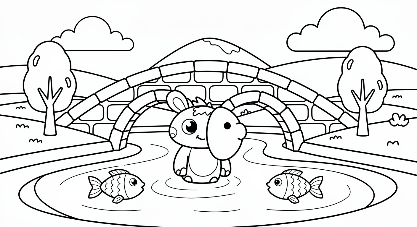 Dessin de pont à colorier gratuit, page imprimable PDF pour enfants, paysage naturel simple et amusant