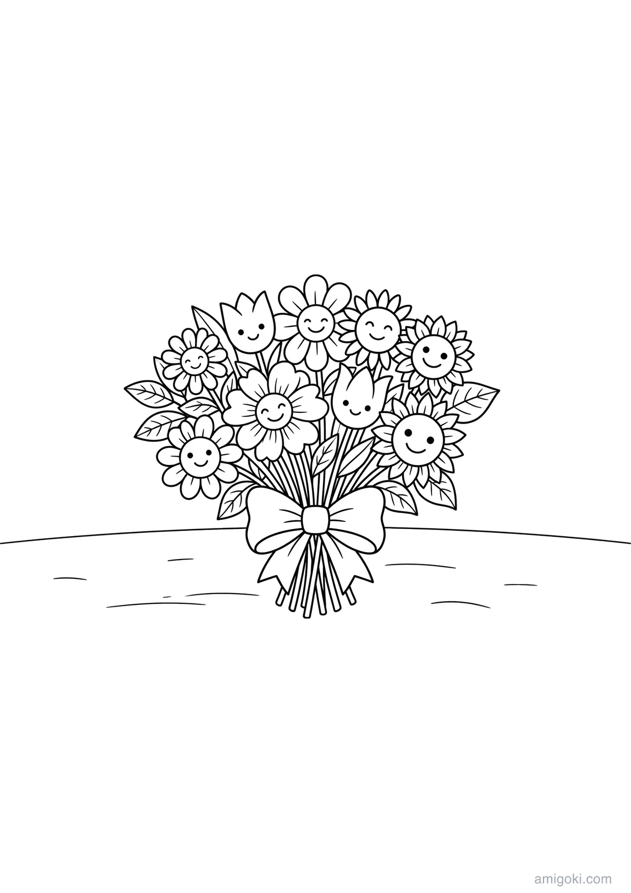 Coloriage Bouquet de Fleurs Kawaii pour les Enfants de 6 ans et Plus