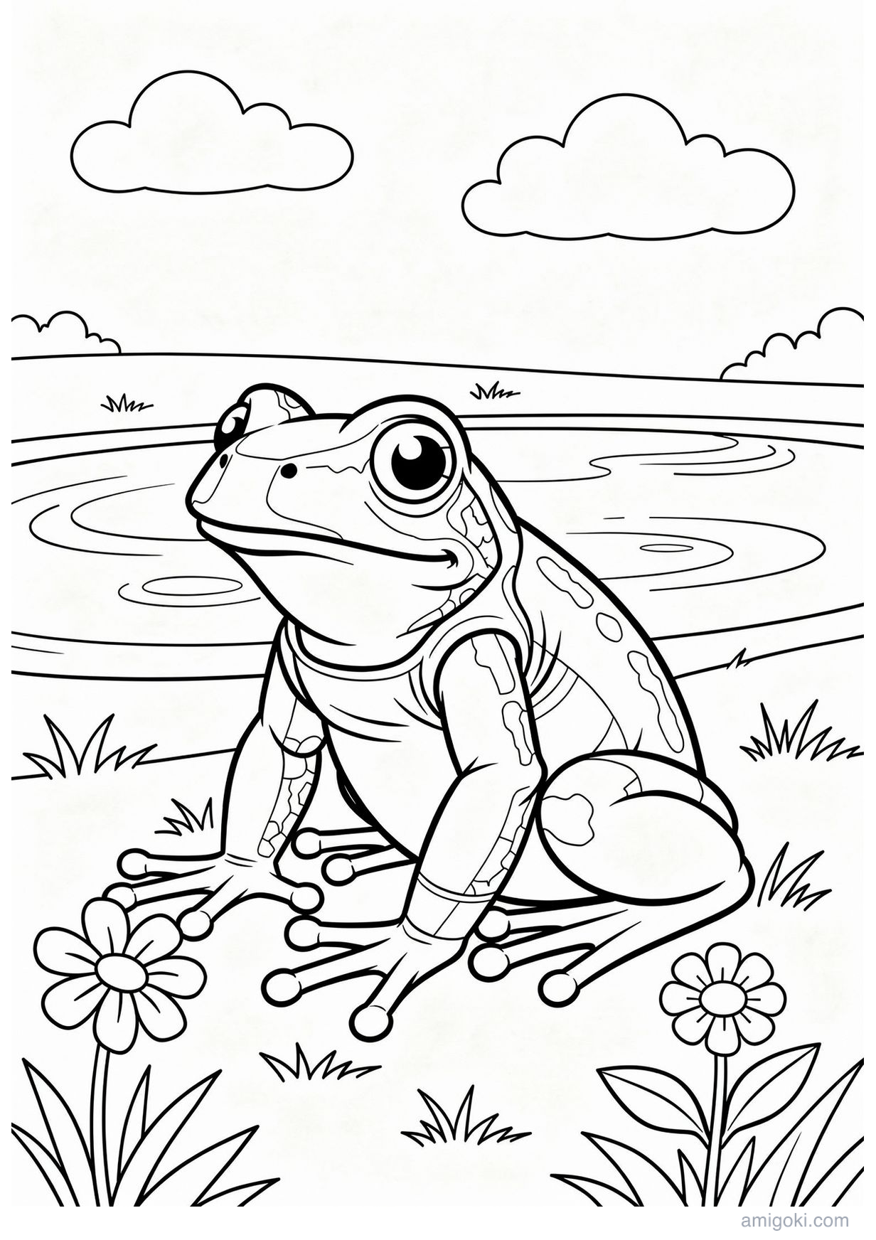 Free frog coloring page for kids ages 5-8, printable jungle animal drawing with simple lines