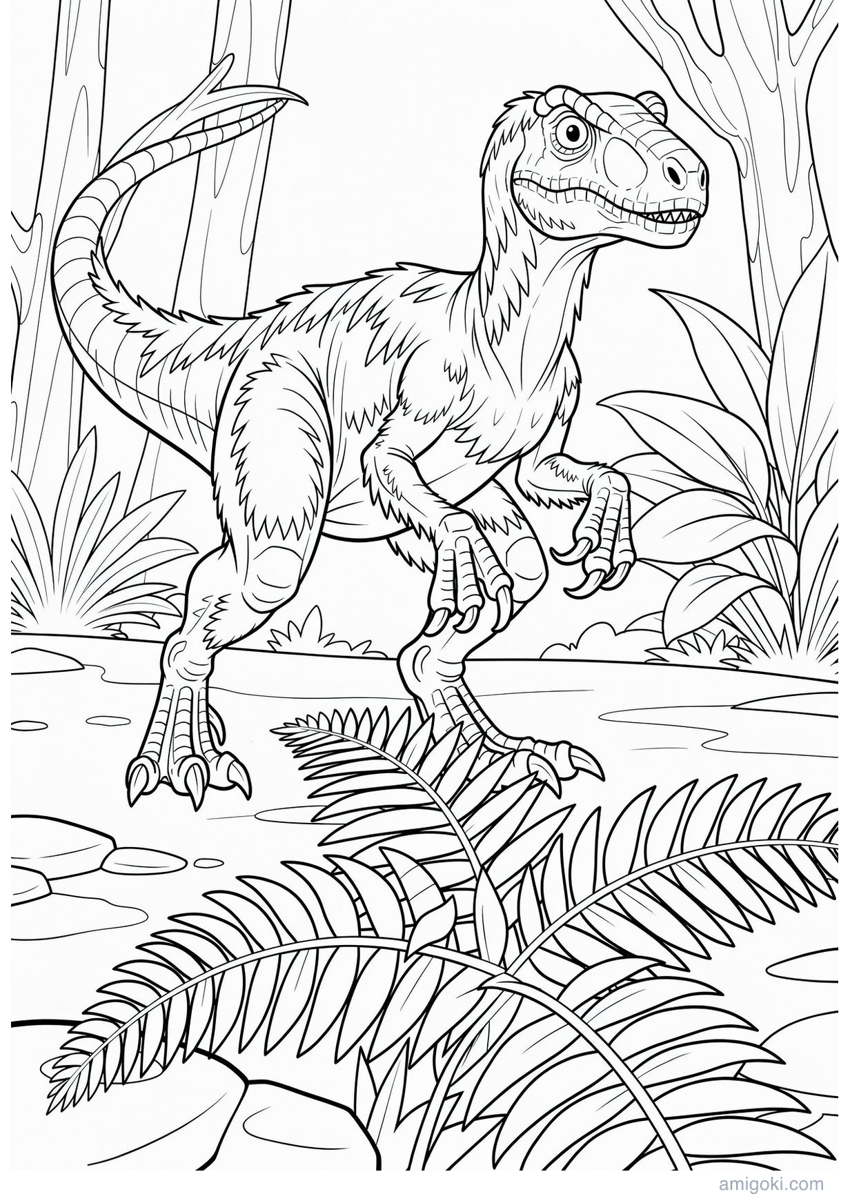 Raptor coloring page for kids, free printable dinosaur drawing for ages 5-8 in PDF format