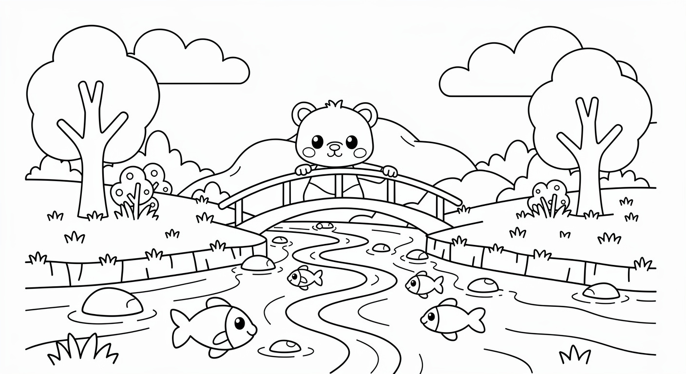 River coloring page for kids, free printable landscape drawing for toddlers and preschoolers
