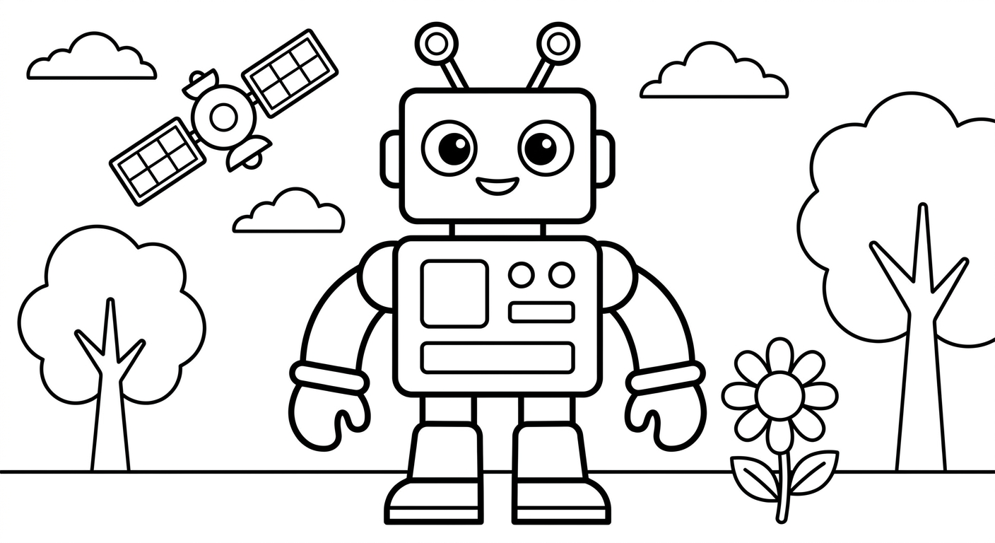 Friendly robot coloring page for kids ages 2-5, free printable drawing activity