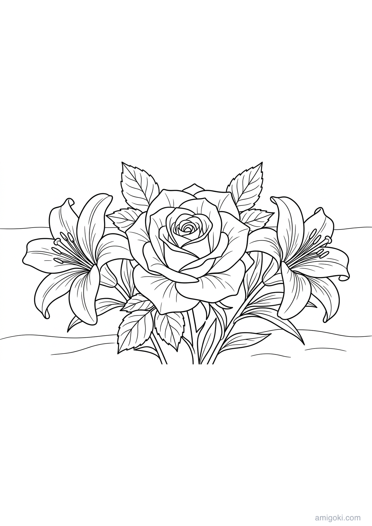Rose and lilies coloring page for kids, free printable PDF activity for children ages 5-8