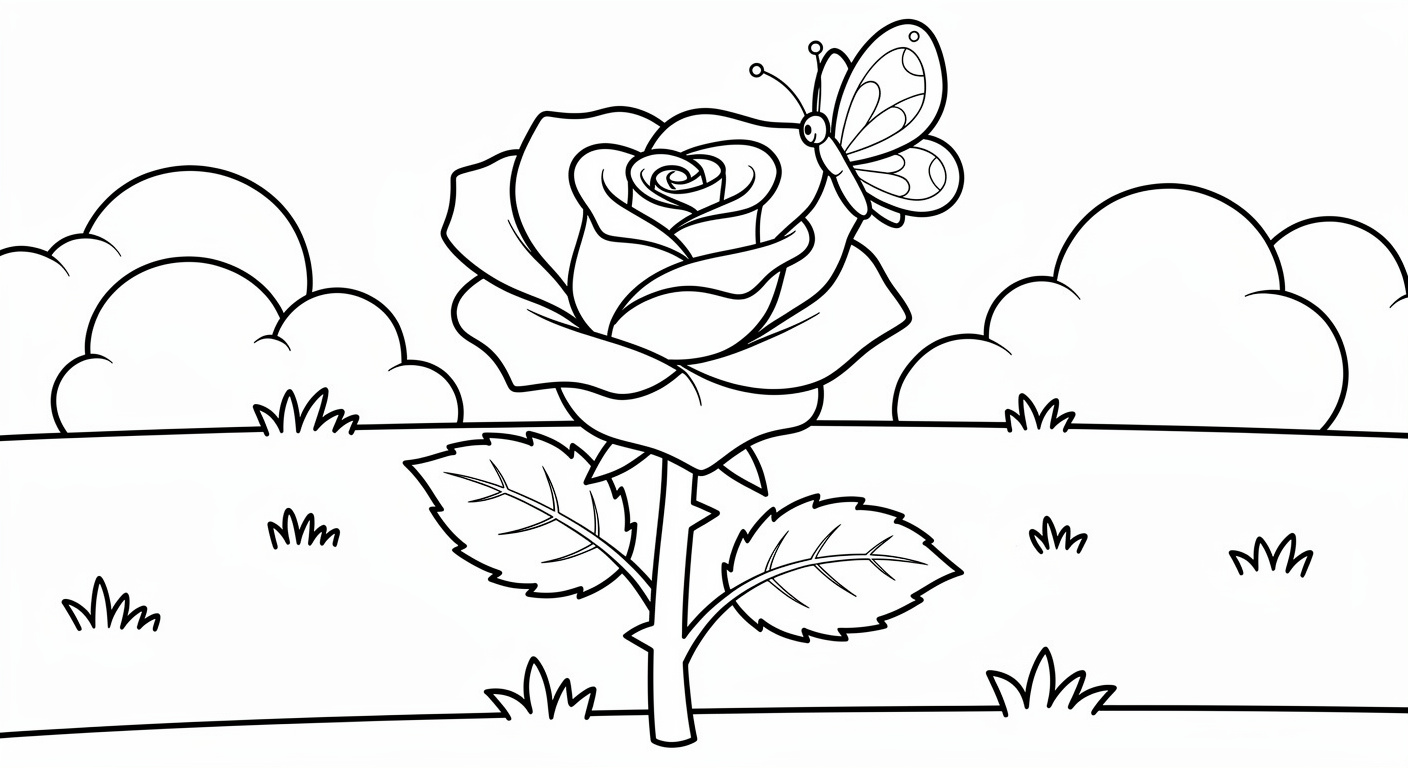 Rose with butterfly coloring page for kids, free printable drawing for toddlers
