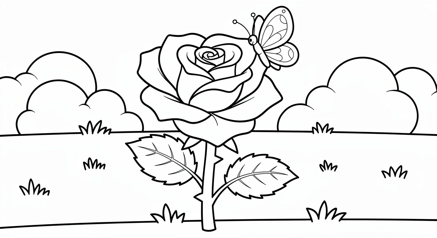 Desenho de Rosa com borboleta para Colorir