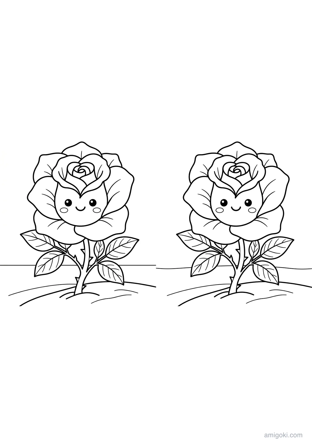 Cute Kawaii Rose Coloring Page for Ages 6+