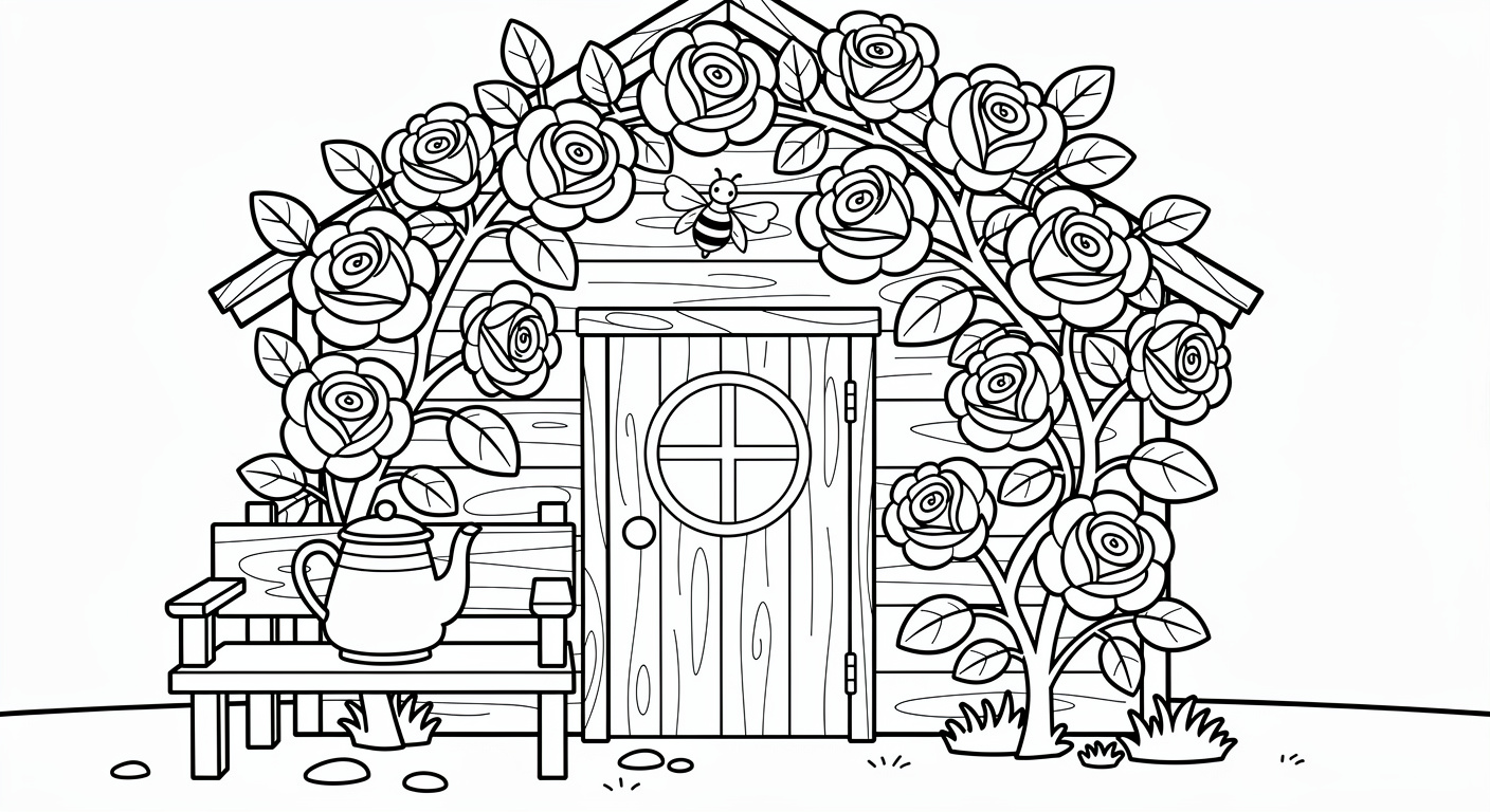Climbing roses coloring page for kids, free printable drawing activity for toddlers