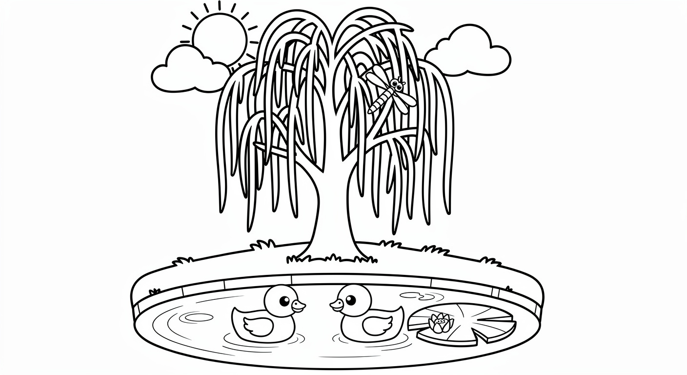 Willow tree by pond coloring page for kids, free printable drawing for toddlers