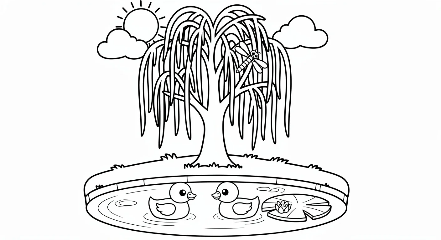Desenho de Salgueiro junto à lagoa para Colorir