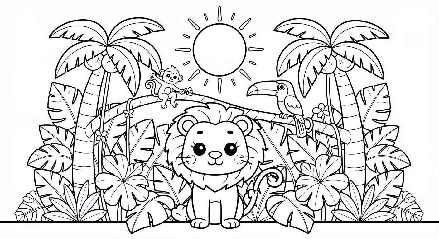 Dessin de jungle à colorier gratuit, imprimable pour enfants de 2 à 5 ans avec arbres et animaux
