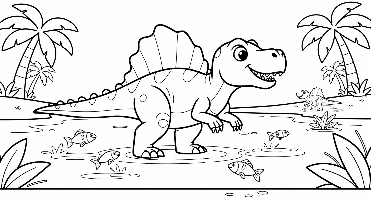 Spinosaurus coloring page in river scene, free printable dinosaur activity for toddlers