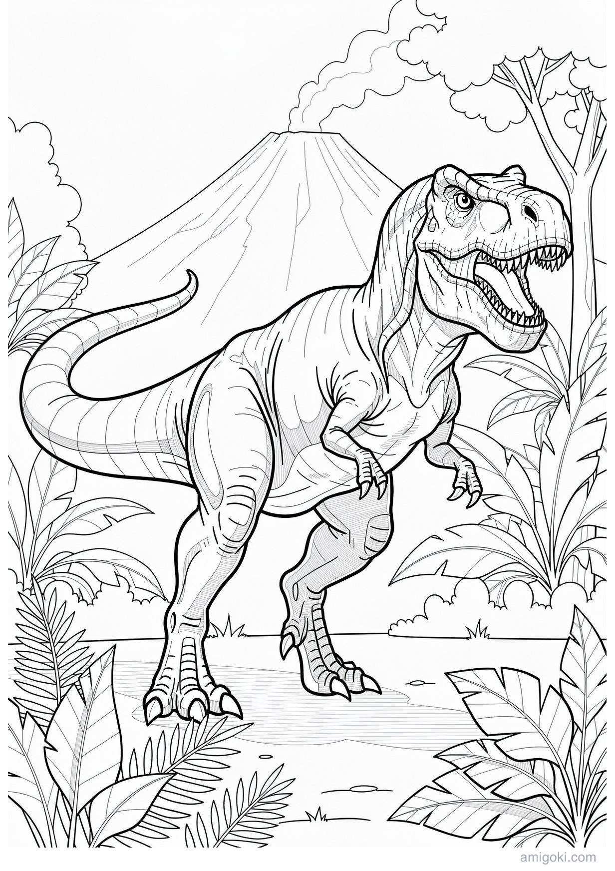 T-rex coloring page for kids, free printable dinosaur drawing for children ages 5-8