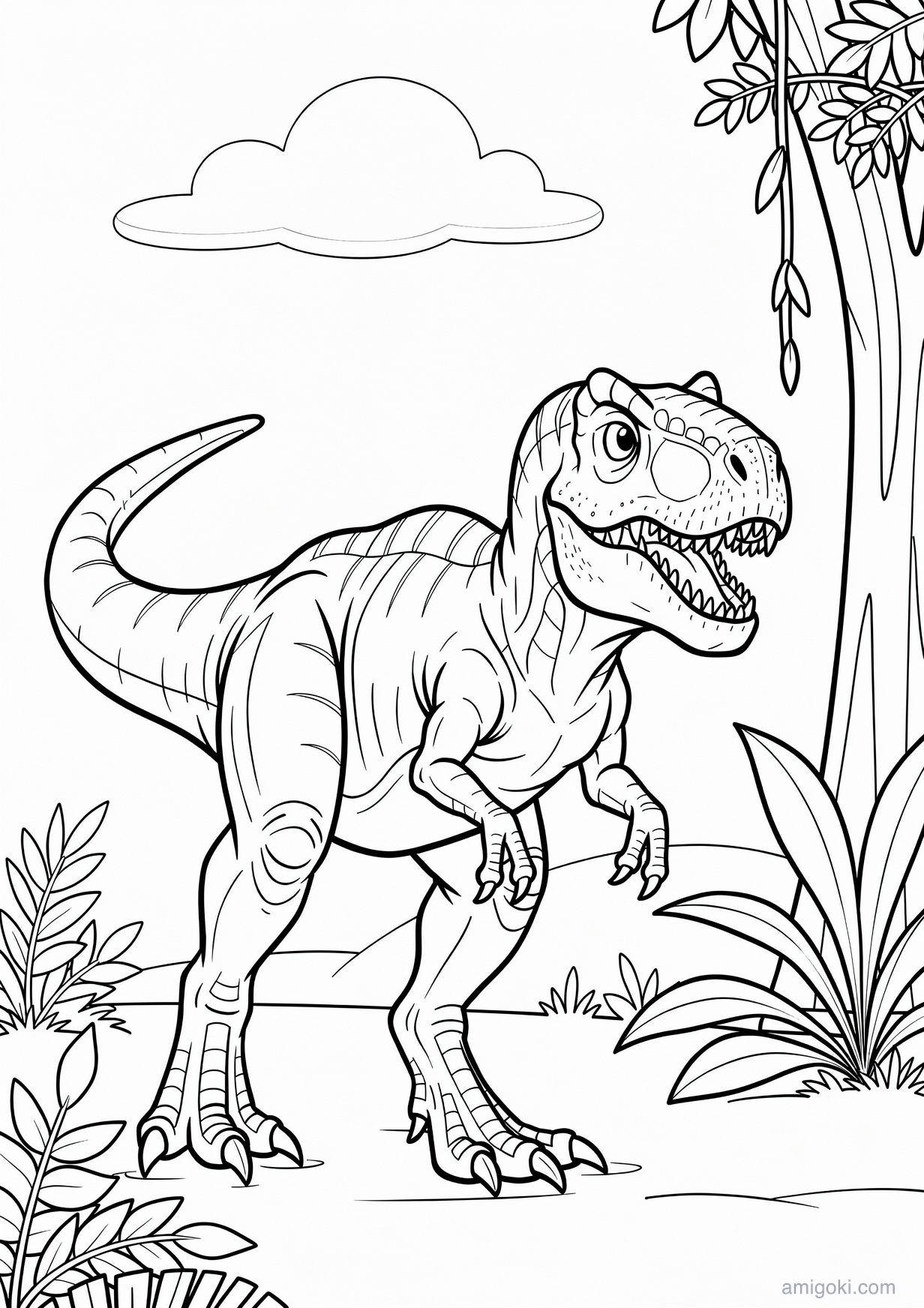 Baby T-rex coloring page printable, free dinosaur drawing for kids ages 5-8