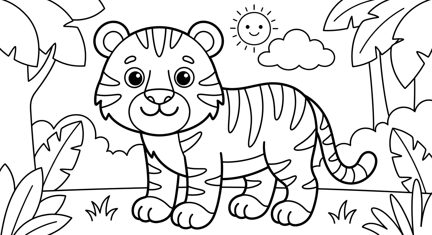 Dessin de tigre à colorier gratuit pour enfants de 2 à 5 ans, imprimable en PDF
