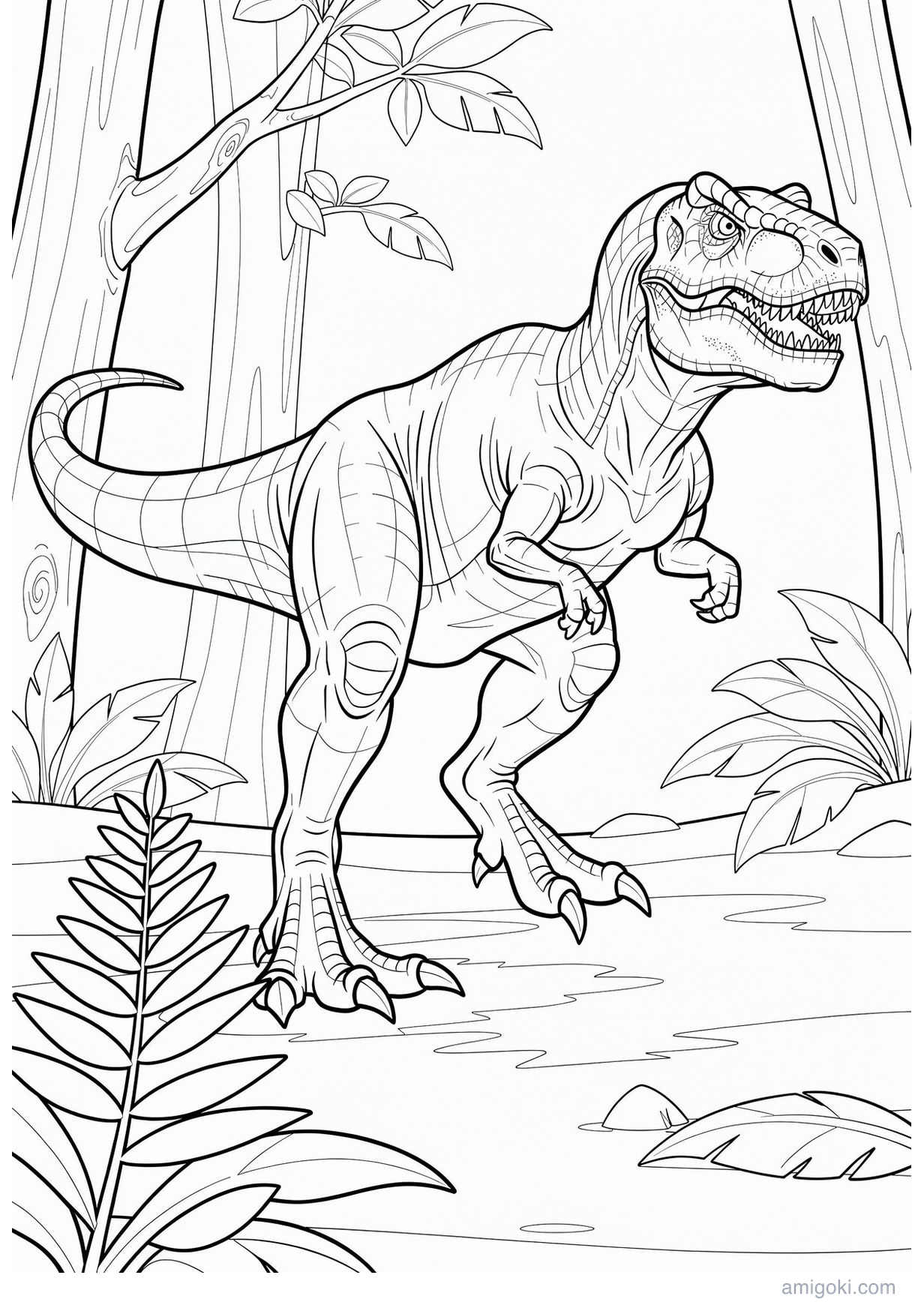 T-Rex coloring page for kids, free printable dinosaur drawing suitable for ages 5-8