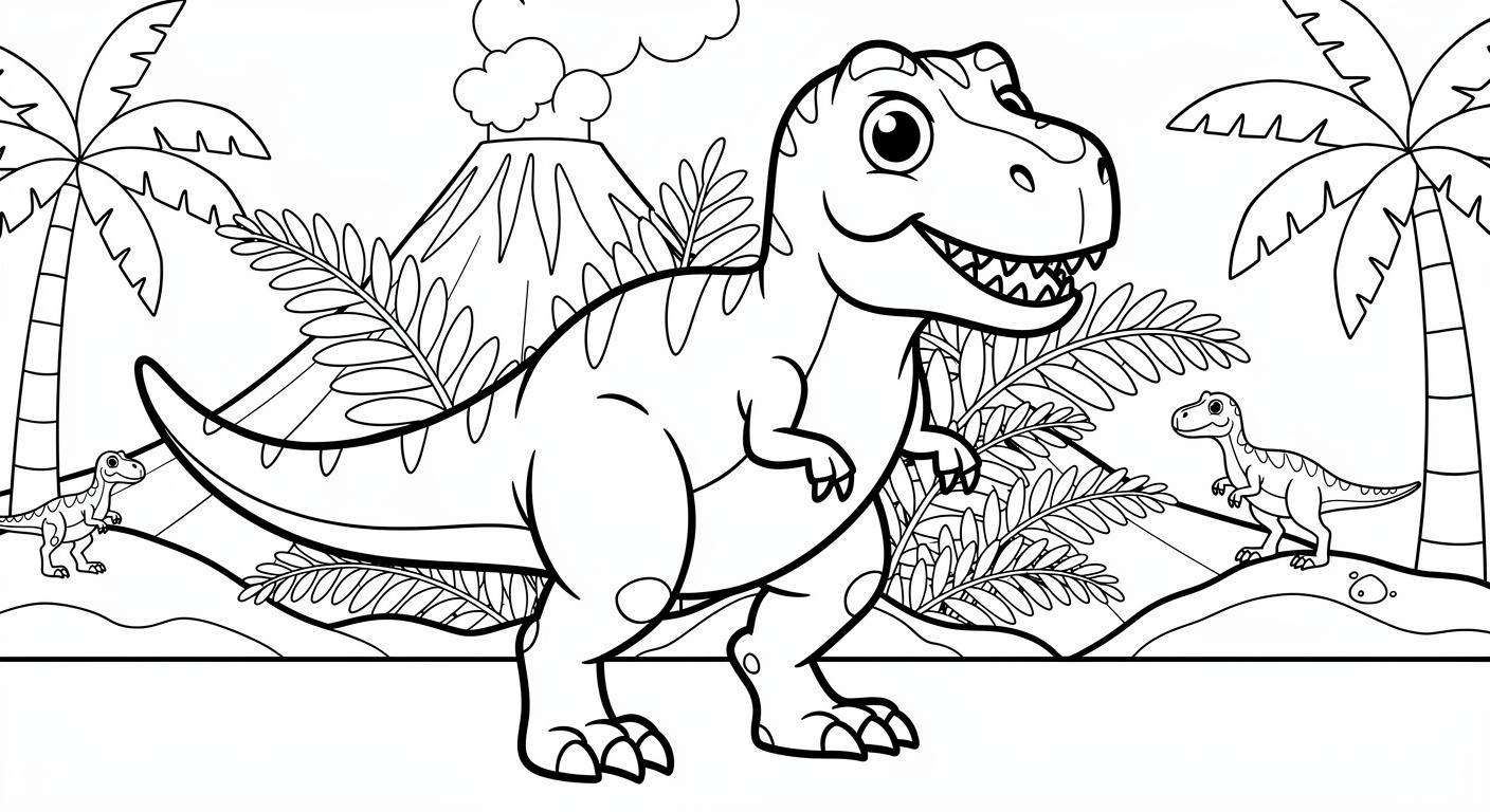 Tyrannosaurus rex coloring page in jurassic forest scene, free printable for young children