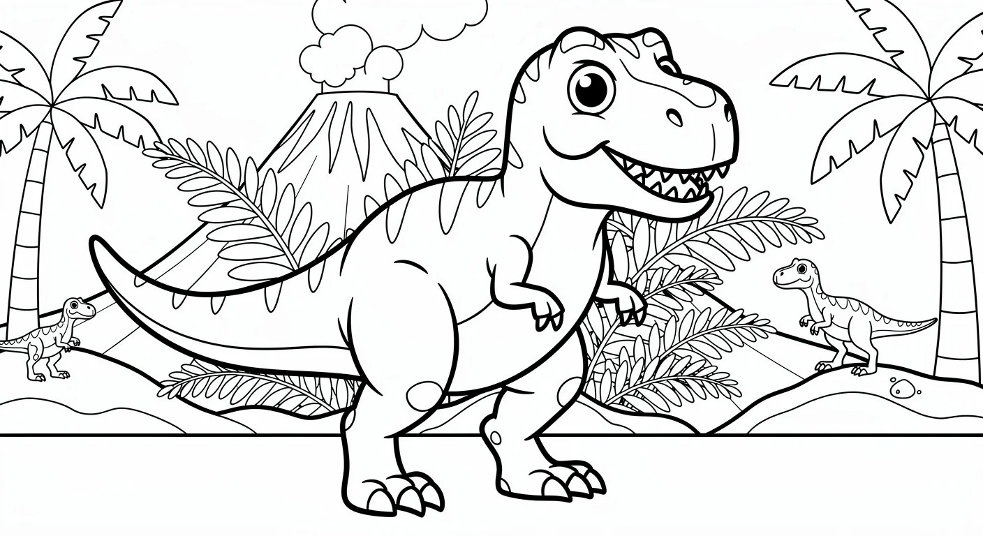 Dessin de Tyrannosaurus rex dans la forêt jurassique à Colorier