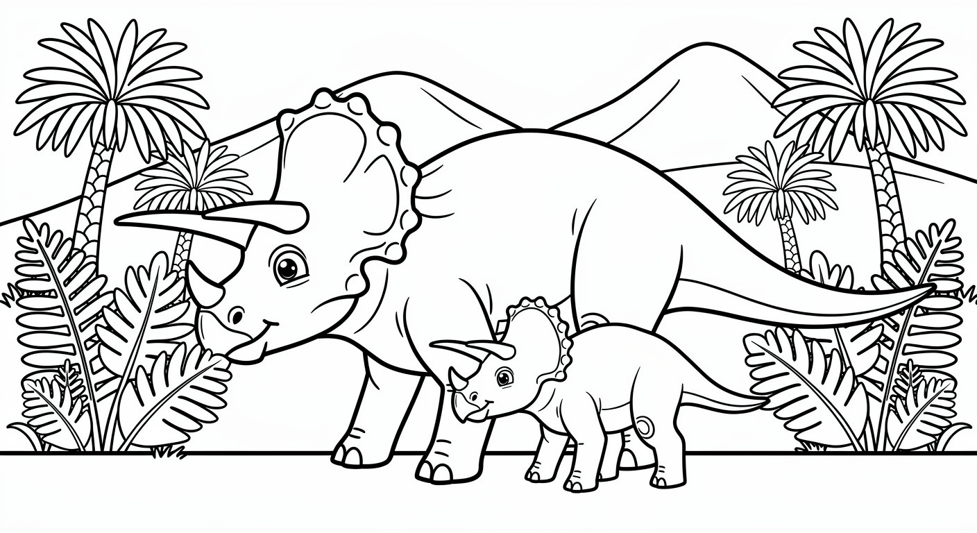Triceratops coloring page in meadow with ferns, free printable dinosaur drawing for kids