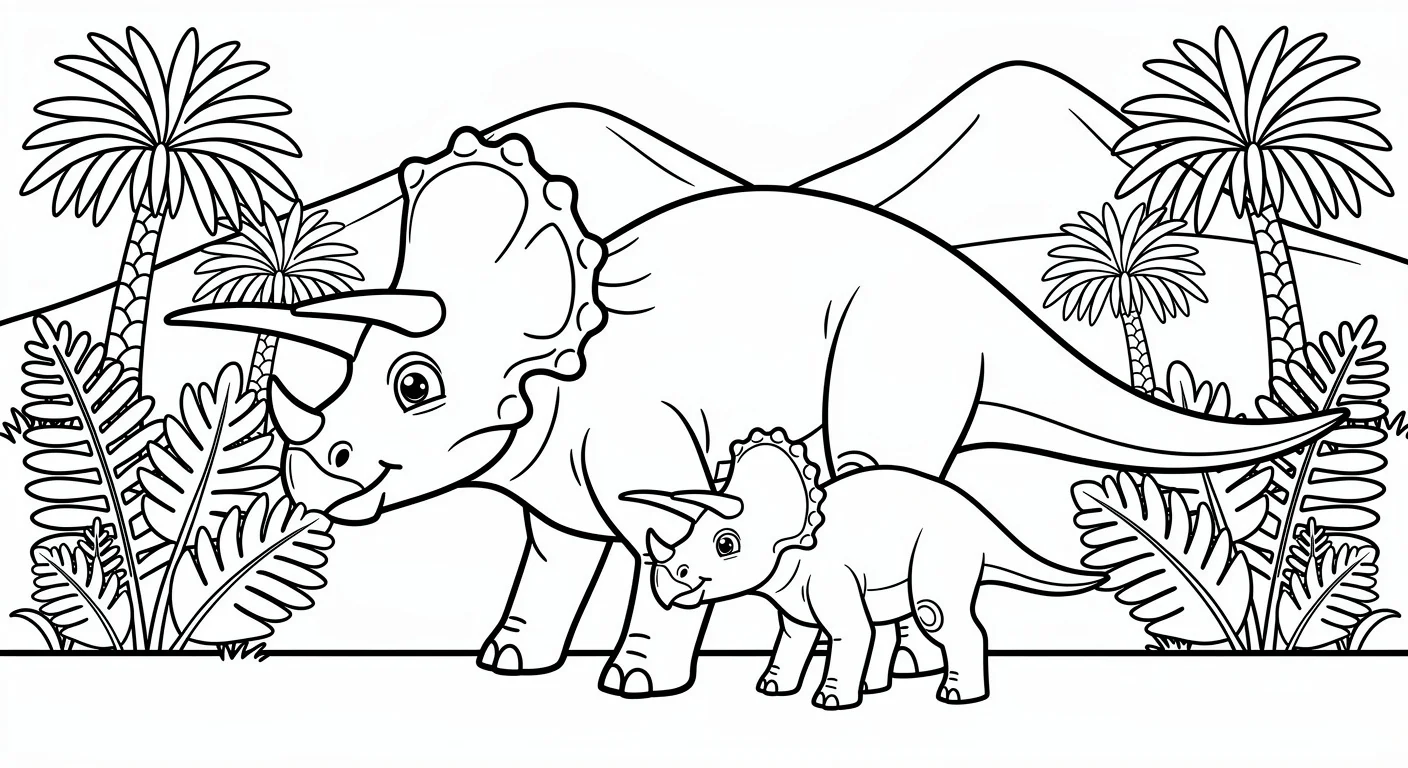 Dibujo de Triceratops en pradera con helechos para Colorear