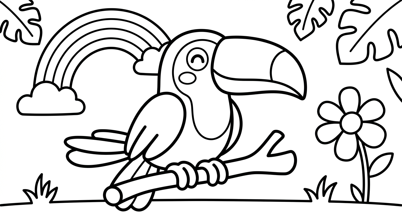 Dessin de toucan à colorier gratuit, imprimable pour enfants de 2 à 5 ans, design simple de jungle