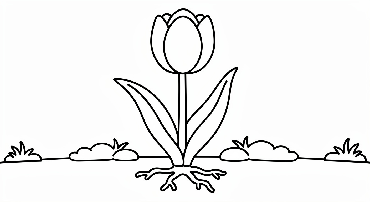 Desenho de tulipa com folhas para colorir grátis, imprimível em PDF para crianças