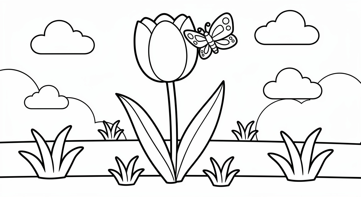Tulip with butterfly coloring page for kids, free printable drawing for toddlers ages 2-5