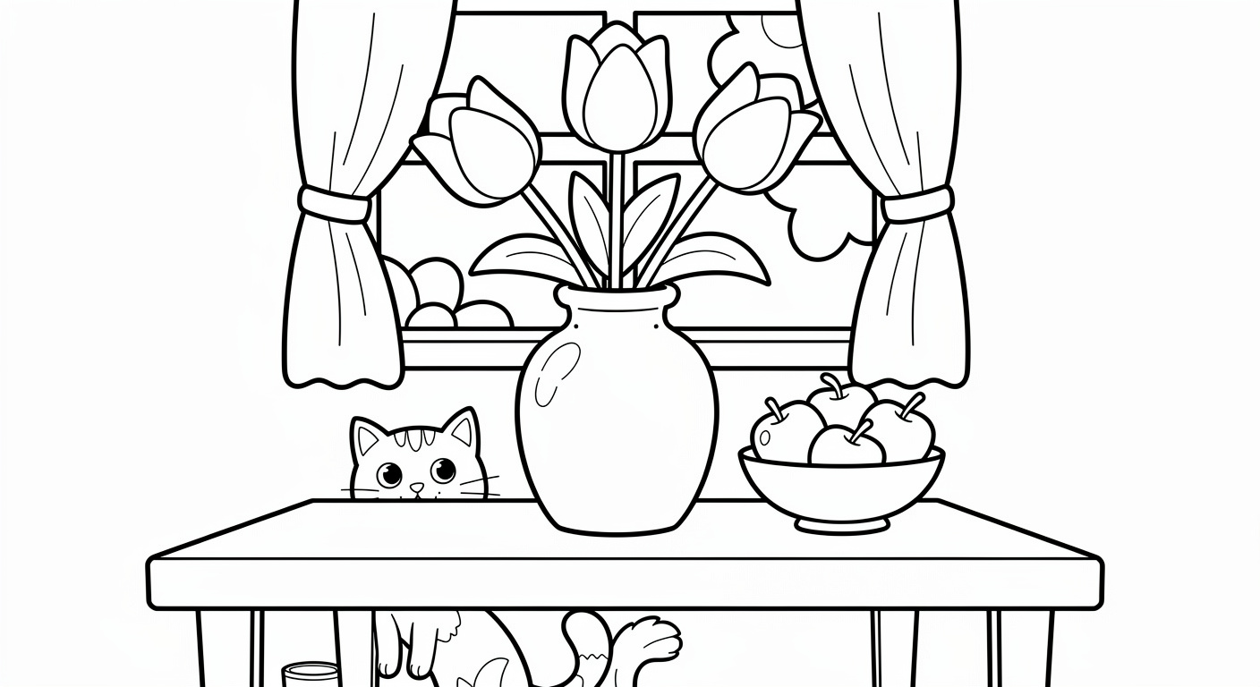 Desenho de tulipas em vaso para colorir, atividade imprimível gratuita para crianças pequenas